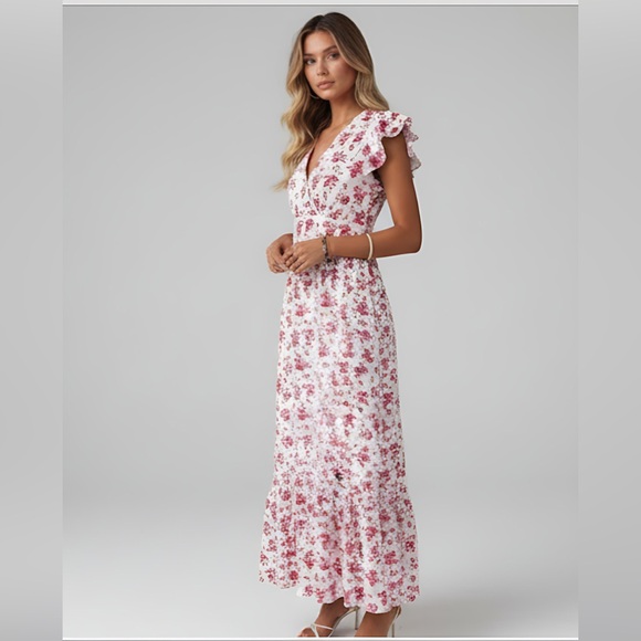 Boho Floral Print V-Neck Ruffle Sleeve Maxi Dress Red - Picture 4 of 8